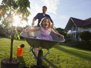 NOTICIA Father With Daughter In Wheelbarrow Planting Tree In Garden